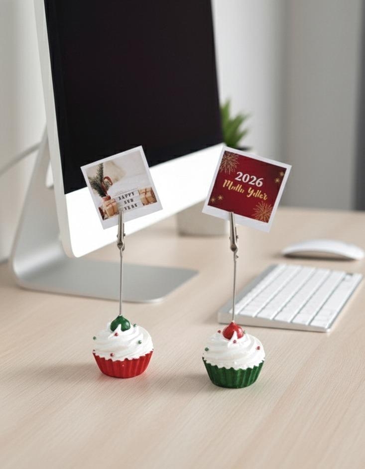 2li Kırmızı Yeşil Cupcake Fotoğraf Not Tutacağı Yeni Yıl Süsü Hediyesi-847-Large