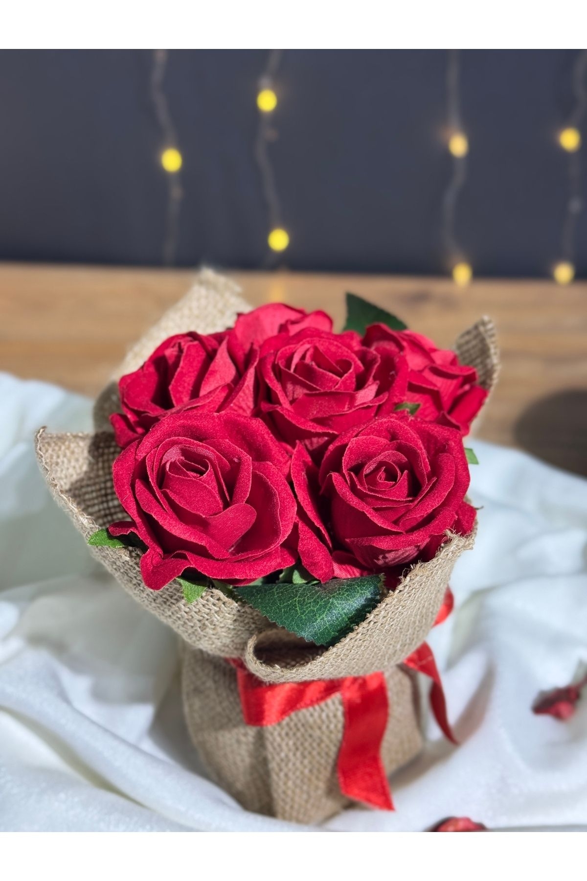 Kadife Kırmızı Gonca Güller Jüt Kumaşlı Saksıda Yapay Çiçek-662-Large
